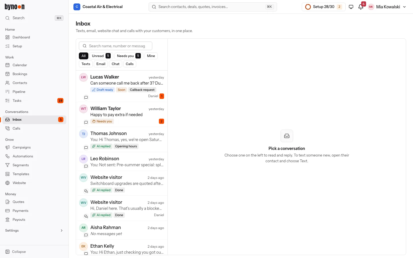 The bynoon CRM inbox, with demo data